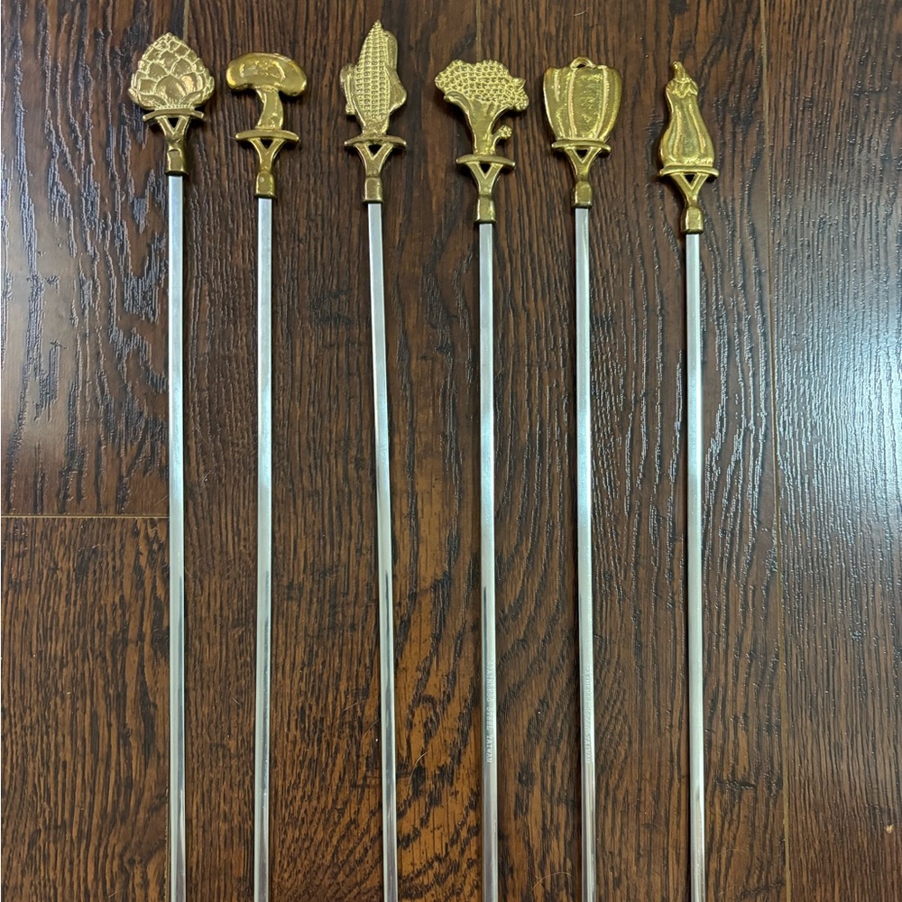 Outdoor Grilling Brass Skewers Set of 6 w/ Handheld Scrubber & Refill Pads